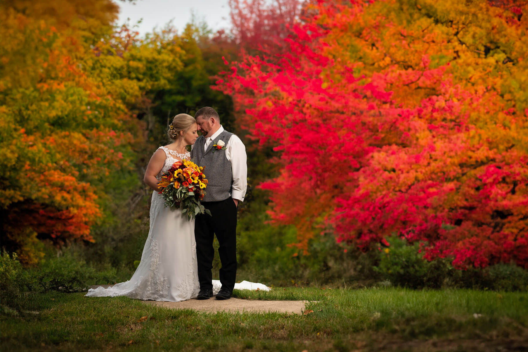 Bride Groom Fall Leaves -Photo taken by Instinct Photography